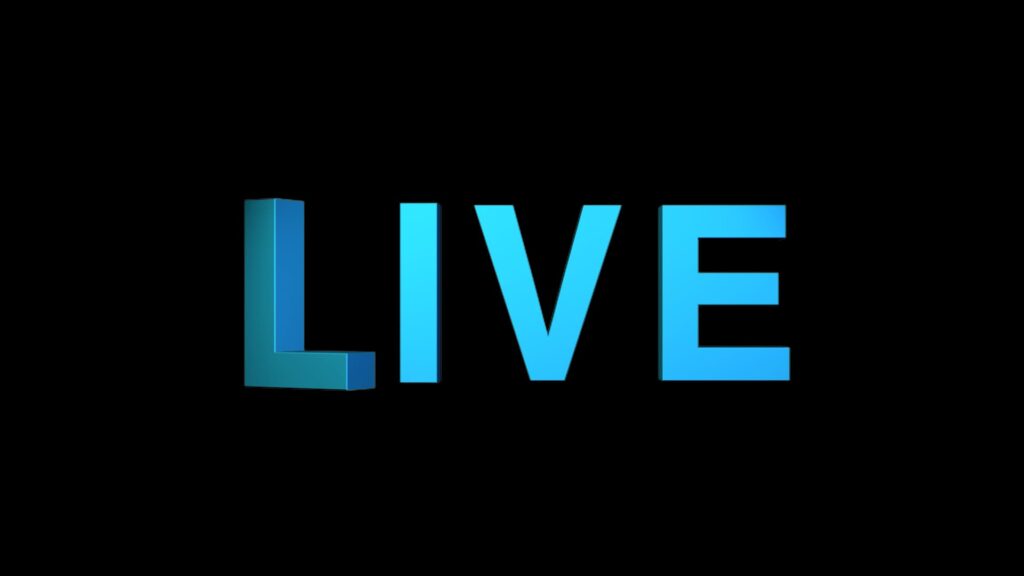回転する立体的なLIVE、ライブ配信のフリー動画素材（青）