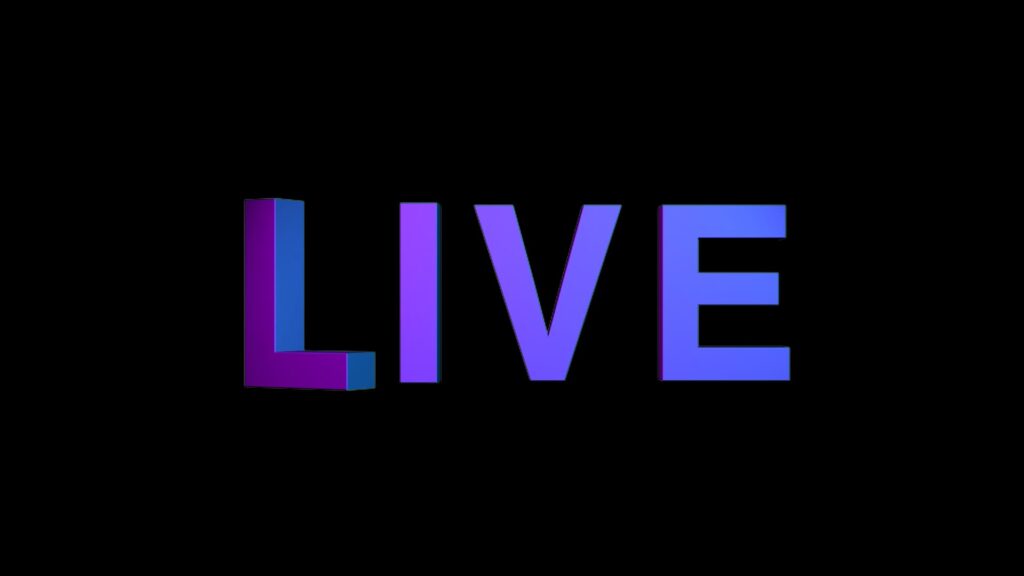 回転する立体的なLIVE、ライブ配信のフリー動画素材（紫）